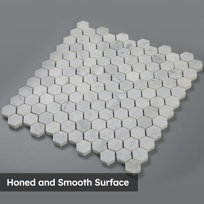 Carrara White Marble Mosaic Tile,1 Inch Hexagon, Honed, 5 Sheets | Natural Bianco Carrera, Marble Stone Backsplash Tiles for Kitchen, Bathroom, Shower Wall and Floor