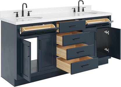 ARIEL Hepburn 72-inch Bathroom Vanity with Sink,Solid Wood, 1.5-inch Carrara White Quartz Countertop, Double Oval Porcelain Sink, 4 Soft Closing Doors, 6 Dovetail Drawers, Midnight Blue