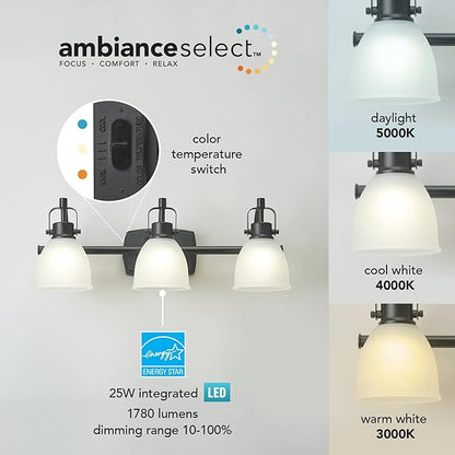 GLOBE Electric 52090 Gilroy 3-Light 25W Integrated LED Vanity Light with Selectable Color Temperature, Matte Black, Frosted Glass Shades, 1780 Lumens, 3000K-4000K-5000K Switch, Energy Star Certified