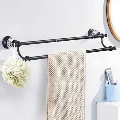 Crystal Black Towel Holder Double Adjustable Towel Bar 13 to 25 Inch, Towel Rack Rail for Bathroom Wall Mounted