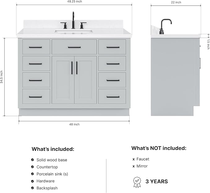 DKB Isabella 48-Inch Bathroom Vanity with Sink — Grey Single Sink Bathroom Vanity, 1.5" Edge Carrara Quartz Countertop, Solid Wood, 2 Soft-Close Doors, 8 Dovetail Drawers + Tilt Drawer