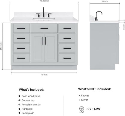DKB Isabella 48-Inch Bathroom Vanity with Sink — Grey Single Sink Bathroom Vanity, 1.5" Edge Carrara Quartz Countertop, Solid Wood, 2 Soft-Close Doors, 8 Dovetail Drawers + Tilt Drawer