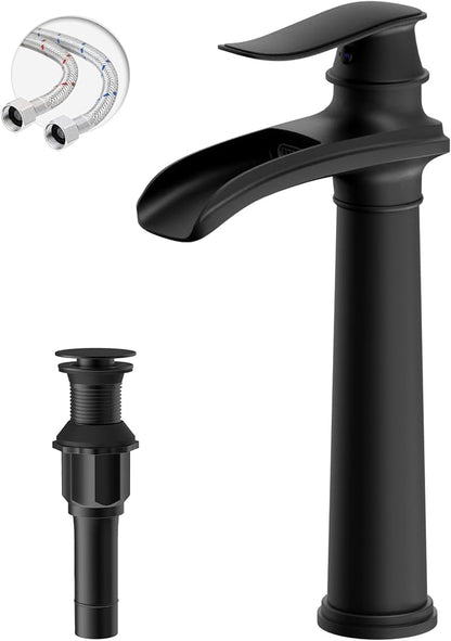 Matte Black Vessel Sink Faucet Brass Waterfall Bathroom Faucet Single Hole | with Pop Up Drain Assembly and Supply Hoses, Single Handle Tall Bathroom Faucets Lavatory Vanity Mixer Tap by BATHLAVISH