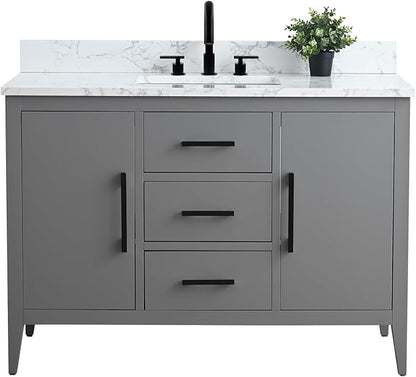 HomeBeyond 48 Inch Bathroom Vanity with Sink & Ceramic Top, Single Vanity Cabinet with Basin, Soft-Closing Doors & Matte Black Hardware, Grey