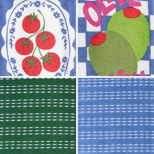 Ritz 4-Piece Kitchen Towel Set, Tomato & Olive Prints with Pine Green & Blue Textured Terry, 100% Cotton & Absorbent Blend, 16" x 26", Vintage Mediterranean Foodie Kitchen Decor