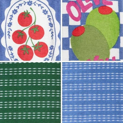 Ritz 4-Piece Kitchen Towel Set, Tomato & Olive Prints with Pine Green & Blue Textured Terry, 100% Cotton & Absorbent Blend, 16" x 26", Vintage Mediterranean Foodie Kitchen Decor