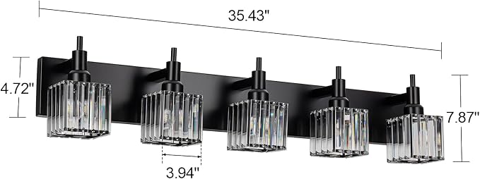 Black Crystal Bathroom Vanity Light 5-Light Modern Bathroom Lighting Fixtures Over Mirror Wall Light Fixtures