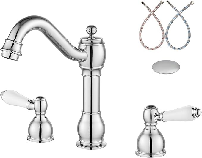 Aolemi 8 Inch Widespread Bathroom Sink Faucet 3 Hole Deck Mount Vanity Basin Mixer Tap with Pop Up Drain Assembly Polish Chrome Double Ceramic Handle