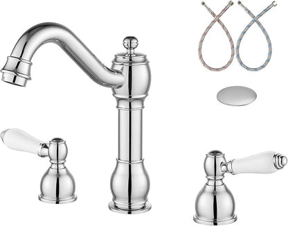 Aolemi 8 Inch Widespread Bathroom Sink Faucet 3 Hole Deck Mount Vanity Basin Mixer Tap with Pop Up Drain Assembly Polish Chrome Double Ceramic Handle