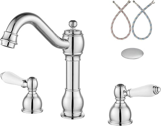 Aolemi 8 Inch Widespread Bathroom Sink Faucet 3 Hole Deck Mount Vanity Basin Mixer Tap with Pop Up Drain Assembly Polish Chrome Double Ceramic Handle
