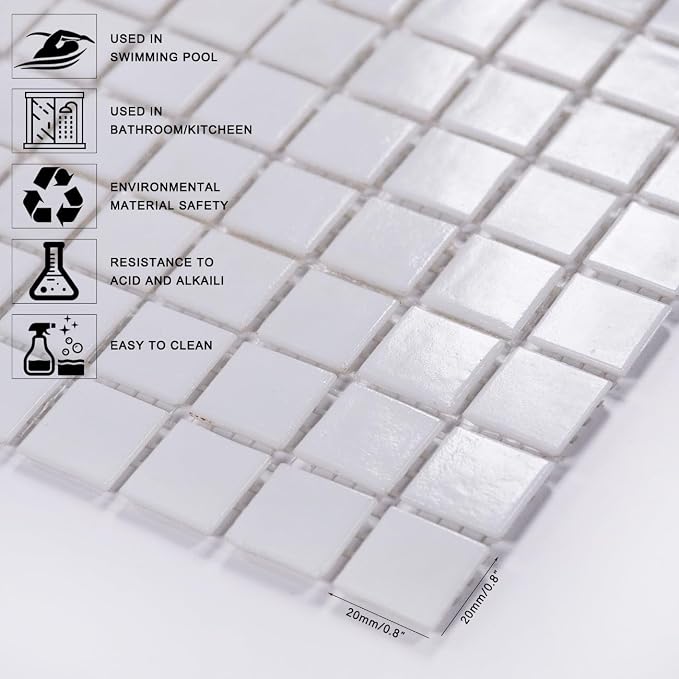 11.5 sq.ft White Glass Mosaic Tile for Bathroom, Pool, Kitchen Backsplash | Waterproof Wall & Floor Tile. Heat & frost resistant outdoors. Mesh-mounted easy install. Use any grout. Easy clean. 10pcs.