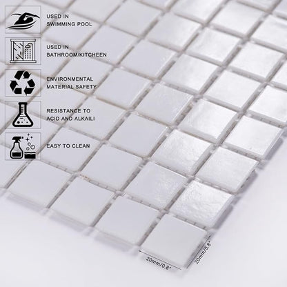 11.5 sq.ft White Glass Mosaic Tile for Bathroom, Pool, Kitchen Backsplash | Waterproof Wall & Floor Tile. Heat & frost resistant outdoors. Mesh-mounted easy install. Use any grout. Easy clean. 10pcs.