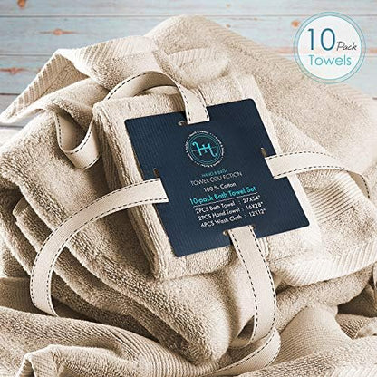 Hearth & Harbor Bath Towels for Bathroom - 100% Ring Spun Cotton Luxury Bathroom Towels - Ultra Soft & Highly Absorbent, Bath Towels Set of 10 - Beige Cream