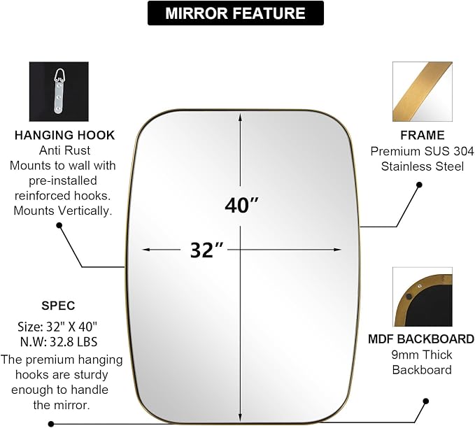 Gold Oblong Mirror, 32x40 Inch Gold Oval Mirror for Bathroom with Stainless Steel Metal Frame, Wall Mouned for Bathroom, Living Room, Entryway