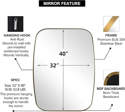 Gold Oblong Mirror, 32x40 Inch Gold Oval Mirror for Bathroom with Stainless Steel Metal Frame, Wall Mouned for Bathroom, Living Room, Entryway