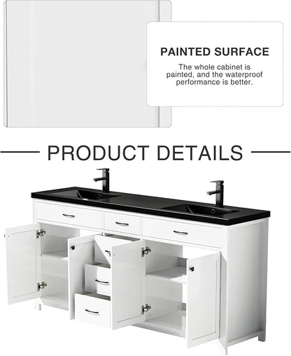 LUCKWIND 72" Bathroom Vanity and Sink Combo, Painted Modern Bathroom Storage Cabinet with Double Large Black Sink, Four Doors and Three Drawers, Include Faucet, Without Mirror, White