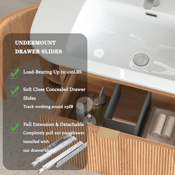 36'' Floating Bathroom Vanity with Sink, Wall Mounted Modern Bathroom Cabinet W/Curved Edges Stripes, Oak & Plywood, Pre-Assembled with Integrated Ceramic Basin – Havana, Natural Oak