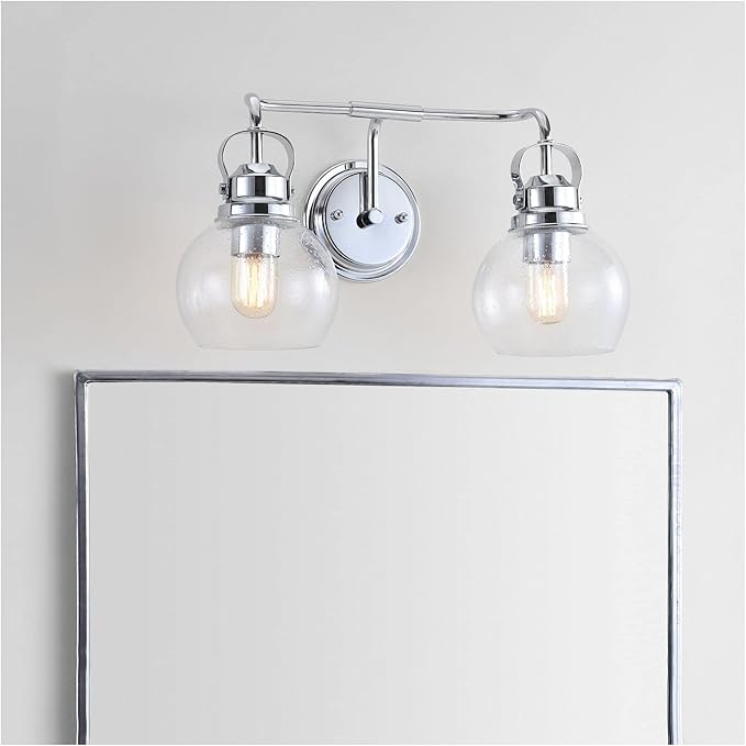 JONATHAN Y 17.5" Chrome Shirley 2-Light Bathroom Vanity Light, Metal Wall Sconce, Clear Seeded Glass Shade, Modern Transitional Farmhouse Fixture, LED Bulbs Included JYL7404A