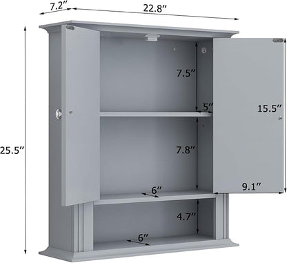 Wall Mounted Bathroom Cabinet Wooden Storage Cabinet with 2 Doors & Adjustable Shelf, Hanging Wall Cabinet Over Toilet, Upper Cabinet Storage Cupboard forBathroom, Kitchen,Laundry Room, Light Grey