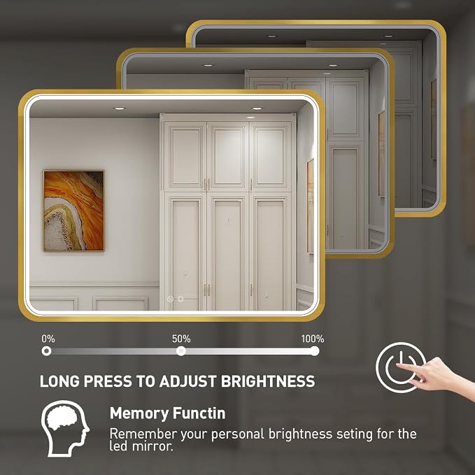 40x30 Inch Gold Frame LED Bathroom Mirror,ETL Listed | Anti-Fog,3 Color 3000K/4500K/6000K Dimmable,Horizontal & Vertical,Wall Mounted,Memory Function