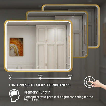 40x30 Inch Gold Frame LED Bathroom Mirror,ETL Listed | Anti-Fog,3 Color 3000K/4500K/6000K Dimmable,Horizontal & Vertical,Wall Mounted,Memory Function