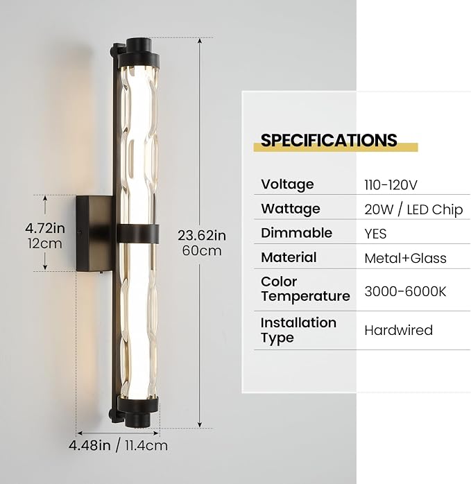 23.6" Black Wall Sconce, Modern Bathroom Vanity Light with Ripple Glass Shade, 5CCT Dimmable LED Wall Lighting 20W for Bedroom, Living Room, Hallway