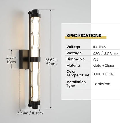 23.6" Black Wall Sconce, Modern Bathroom Vanity Light with Ripple Glass Shade, 5CCT Dimmable LED Wall Lighting 20W for Bedroom, Living Room, Hallway