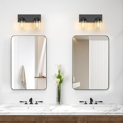 IZORRO Bathroom Vanity Light Fixture, 2-Light 15 Inch Matte Black Bathroom Light Fixtures Over Mirror, with Clear Glass Shade, Modern Farmhouse Vanity Lights, Rustic Restroom Lighting Fixtures