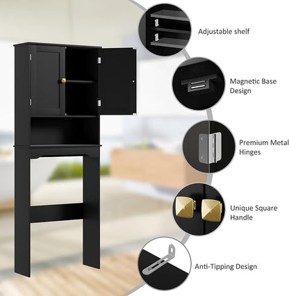 RRX Over The Toilet Storage Cabinet, Bathroom Above Organizer (Black) | Free Standing Toilet Rack with Adjustable Shelf and Open Storage, Double Doors, Space Saver,24.8" L x 9.1 "W x 65.7 "H