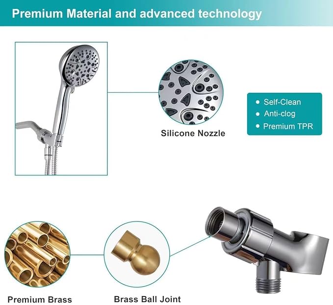 High Pressure 8-Mode Shower Head, Handheld Showerhead With 60" Hose And Adjustable Bracket, Anti-Clog Nozzles, Chrome, Silver