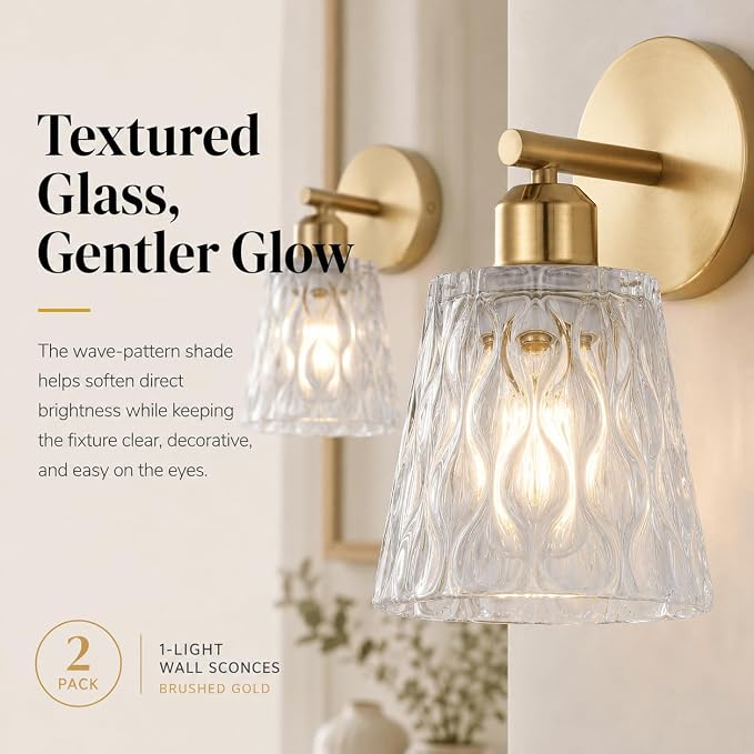 1-Light Brushed Gold Bathroom Vanity Wall Sconces, 2-Pack Modern Stainless Steel Fixtures with Textured Glass Shades for Over-Mirror Lighting, E26 Sockets (Bulbs Not Included)