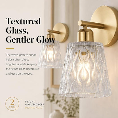1-Light Brushed Gold Bathroom Vanity Wall Sconces, 2-Pack Modern Stainless Steel Fixtures with Textured Glass Shades for Over-Mirror Lighting, E26 Sockets (Bulbs Not Included)