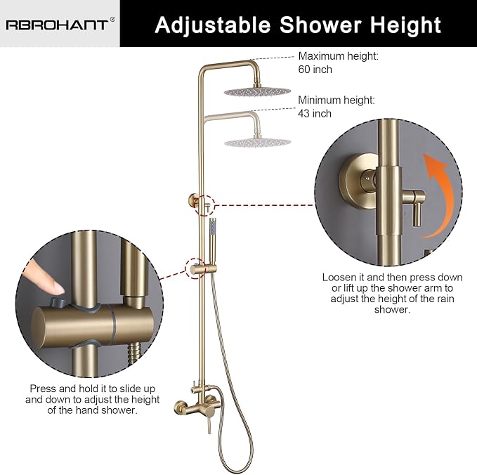 RBROHANT Outdoor Shower, Wall Mount Outdoor Shower Kit, Outside Shower Faucet with Height Adjustable Rain Shower Head and Handheld, Exposed Shower for Backyard, Wall Mounted, Brushed Gold, JK0147