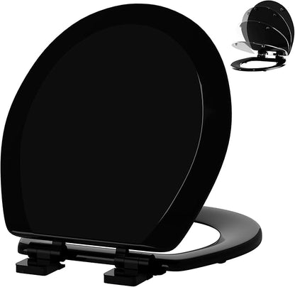 Angol Shiold Quiet-Close Molded Wood Toilet Seat with Non-Slip Adjustable Hinges, Anti-Pinch Bumpers, Easy Install & Clean（Black, Round 16.5''）