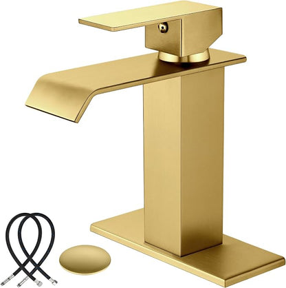 Midanya Waterfall Bathroom Sink Faucet 1 Hole,Gold | with cUPC Hoses,Pop Up Drain,Deck Plate,for 1 or 3 hole sink,Vanity,RV,Lavatory,Basin,Farmhouse,Stainless Steel,Single Handle