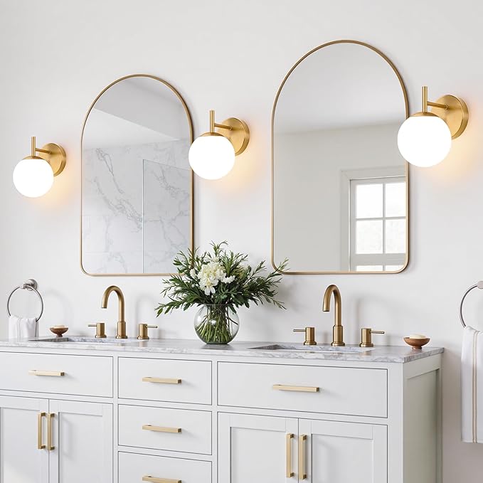Set of Two Gold Wall Sconces, 2-Pack Brushed Gold Bathroom Light Fixtures with Milky White Globe Glass, Modern Sconces Wall Decor Set of 2 Wall Light for Hallway Bathroom Mirror (Bulb not included)