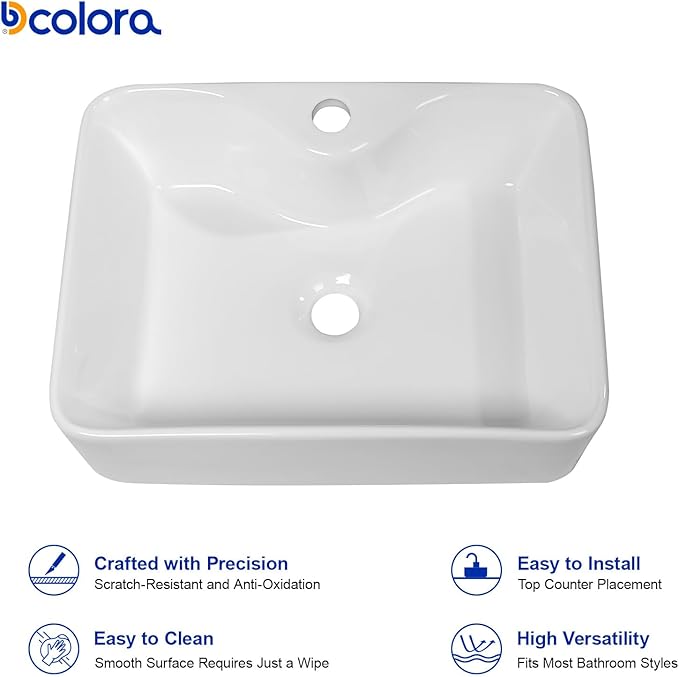 Dcolora 19 In. White Vessel Sink for Bathroom, Rectangular Above Counter Porcelain Ceramic Sink with Gold Accessories, 15"D x 19"W x 5"H #DC-SFDOE00087