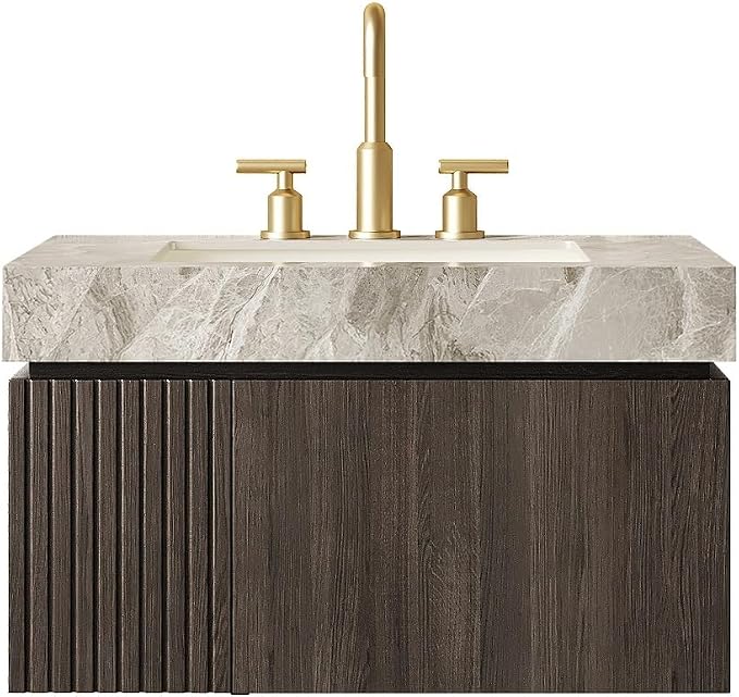 KEIKI 30 Inch Floating Bathroom Vanity with Sink, Espresso & Grey | Modern Wall Mounted Storage Cabinet w/ Drawer & Door, Pre-assembled Wood Panels, Sintered Stone Top & Ceramic Basin Combo Set