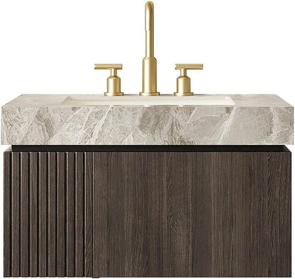 KEIKI 30 Inch Floating Bathroom Vanity with Sink, Espresso & Grey | Modern Wall Mounted Storage Cabinet w/ Drawer & Door, Pre-assembled Wood Panels, Sintered Stone Top & Ceramic Basin Combo Set