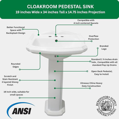 Renovators Supply Manufacturing Cloakroom Space Saving 19" W x 34" H x 15" Proj. Small Bathroom Pedestal Sink, Vitreous China, with Overflow, Compatible with 4 in. Centerset Faucets