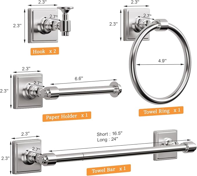 VEHCIL Brushed Nickel Bathroom Accessories Set, 5-Piece Bathroom Hardware Set, 24 Inch Towel Bar, SUS304 Stainless Steel, Towel Racks for Bathroom Wall Mounted Towel Ring Toilet Paper Holder Hooks