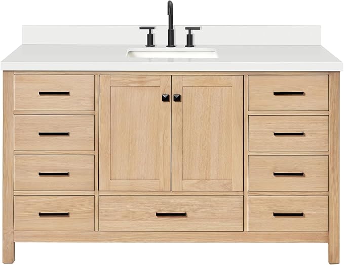 ARIEL Cambridge 60-inch Bathroom Vanity with Sink,Solid Wood, 1.5-inch Pure White Quartz Countertop, Single Rectangular Porcelain Sink, 2 Soft Closing Doors, 9 Dovetail Drawers, White Oak