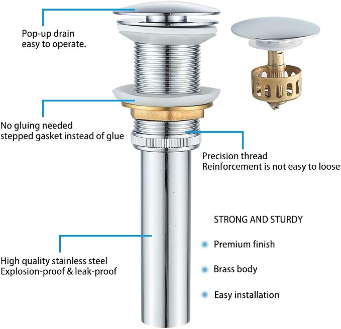 Bathroom Sink Drain Without Overflow with Strainer Basket Detachable Vessel Sink Lavatory Vanity Pop Up Drain Stopper Polished Chrome