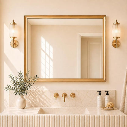 Brushed Gold Bathroom Mirrors for Over Sink 30x40 Inch | Curved Aluminum Frame Rectangle Vanity Mirror for Bedroom Living Room Entryway, HD Tempered Glass, Anti-Rust