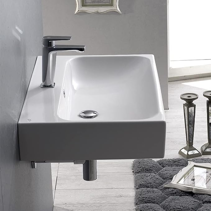CeraStyle Pinto Rectangular Ceramic Wall Mounted/Vessel One Hole Bathroom Sink, White (080000-U)