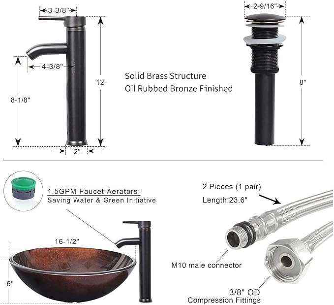 60" Black Bathroom Vanity,Double Vanity,Round Glass Vessel Basin Sink,ORB Faucet,Drain Parts,Bathroom Vanity Top Glass Sink Bowl Set,Vanity Pedestal Include,Mirror Not Included (A09 Vessel Set)