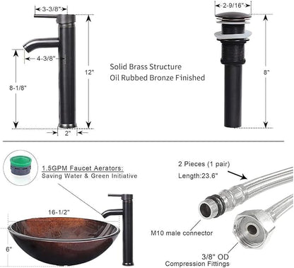 60" Black Bathroom Vanity,Double Vanity,Round Glass Vessel Basin Sink,ORB Faucet,Drain Parts,Bathroom Vanity Top Glass Sink Bowl Set,Vanity Pedestal Include,Mirror Not Included (A09 Vessel Set)