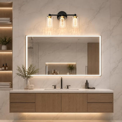 Black and Gold Vanity Light with 3 Color Modes, Eye Protection LED Bathroom Light Fixtures, Dimmable Modern Wall Light Over Mirror with Clear Glass Shade (Black & Gold, 3-Light)