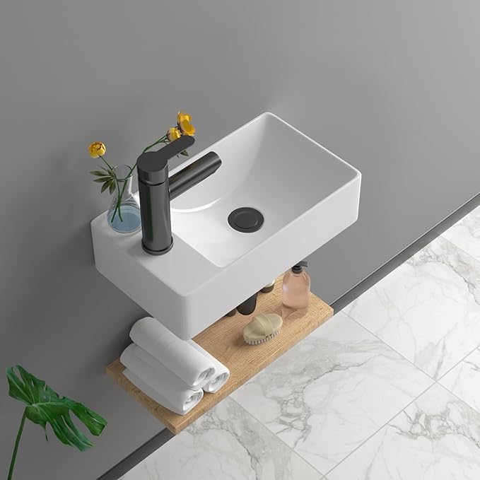 Small Bathroom Sink - 15"x9" Wall Mount Rectangular Ceramic Vessel Sink White Porcelain Floating Vanity Sink for Tiny Bathrooms with Faucet & Drain Combo (Left Hand Bowl Options)