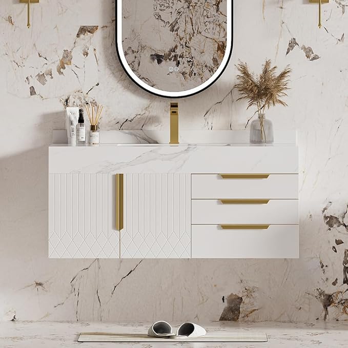 homary 36" Floating Bathroom Vanity Set with Single Sink, Modern Bathroom Sink Cabinet Storage Cabinet with Sintered Stone Countertop and Ample Storage, White